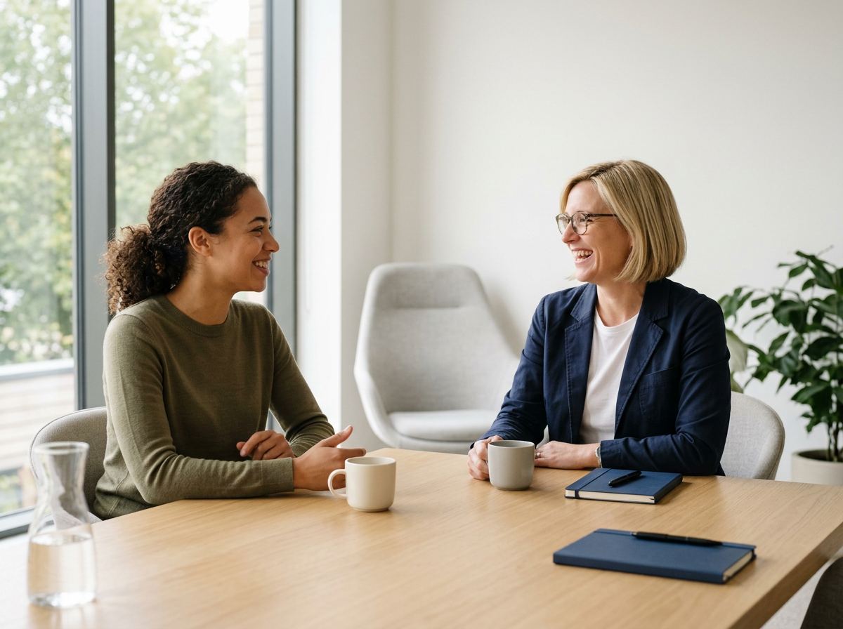 Two women having a conversation at a meeting table with notebooks, coffee mugs, and a glass of water in a bright, modern office.