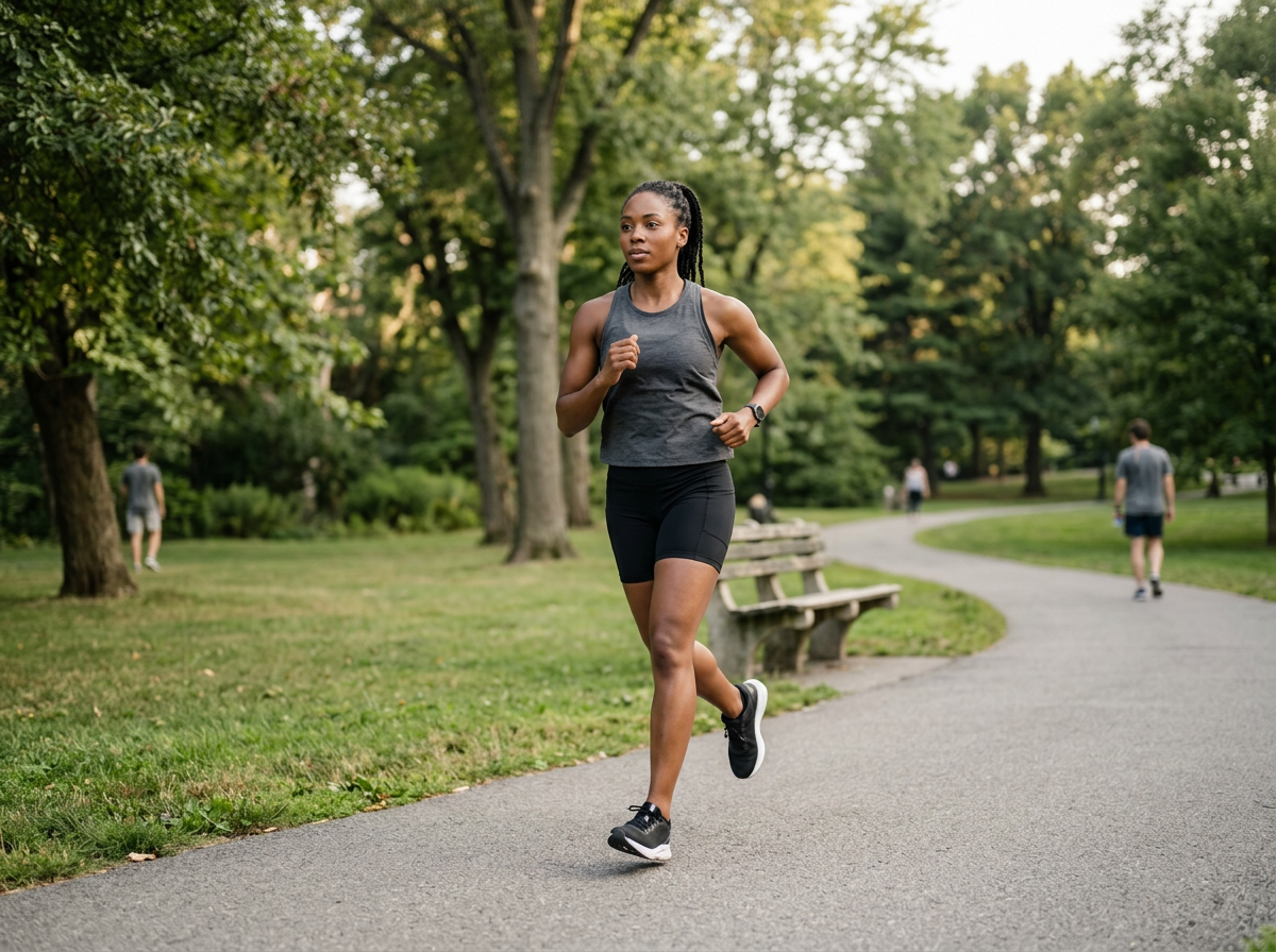 A woman jogging on a park trail surrounded by trees and other people in the background.