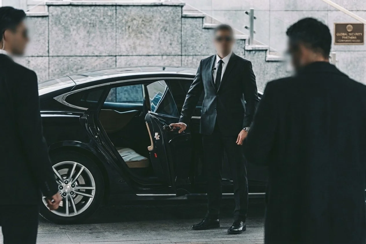 Three men in suits standing near a black luxury car in an urban parking area, with a stone wall and stairs in the background.