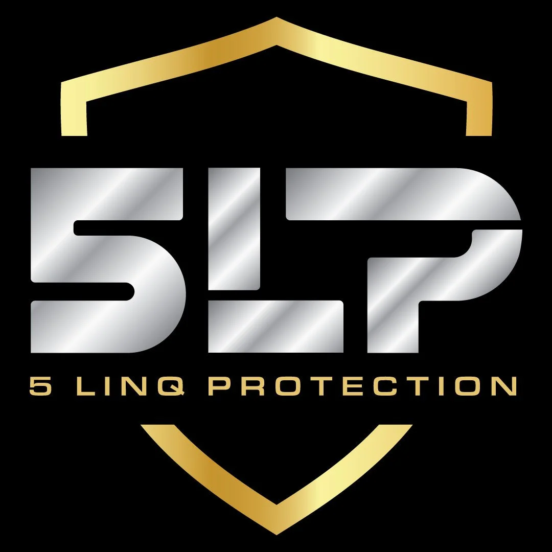 Logo with a shield outline in gold, the number '5' and the letters 'LP' in silver with a metallic finish, and the words '5 LING PROTECTION' underneath.