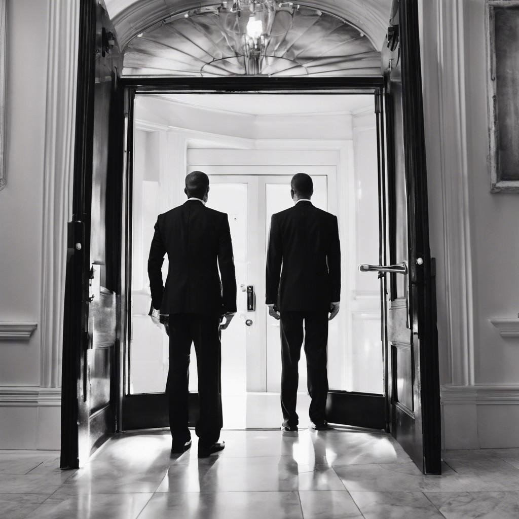 Two men in suits walking through a doorway into a bright room, viewed from behind. The scene is in black and white.