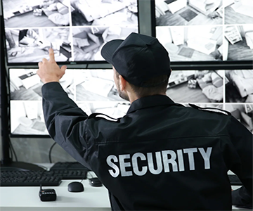 Security personnel monitoring surveillance screens in an office