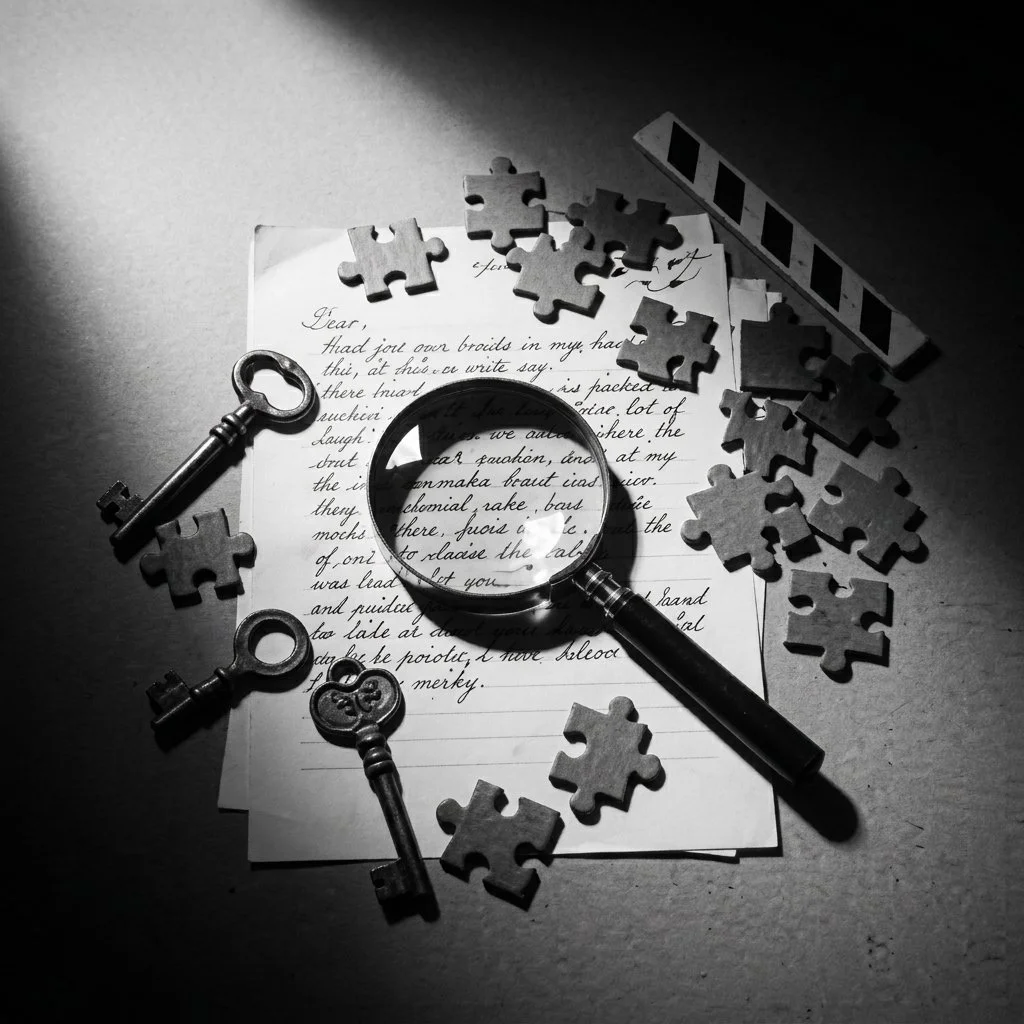 A black and white photograph of handwritten letter pages, scattered puzzle pieces, a magnifying glass, and vintage keys, with dramatic lighting casting shadows.
