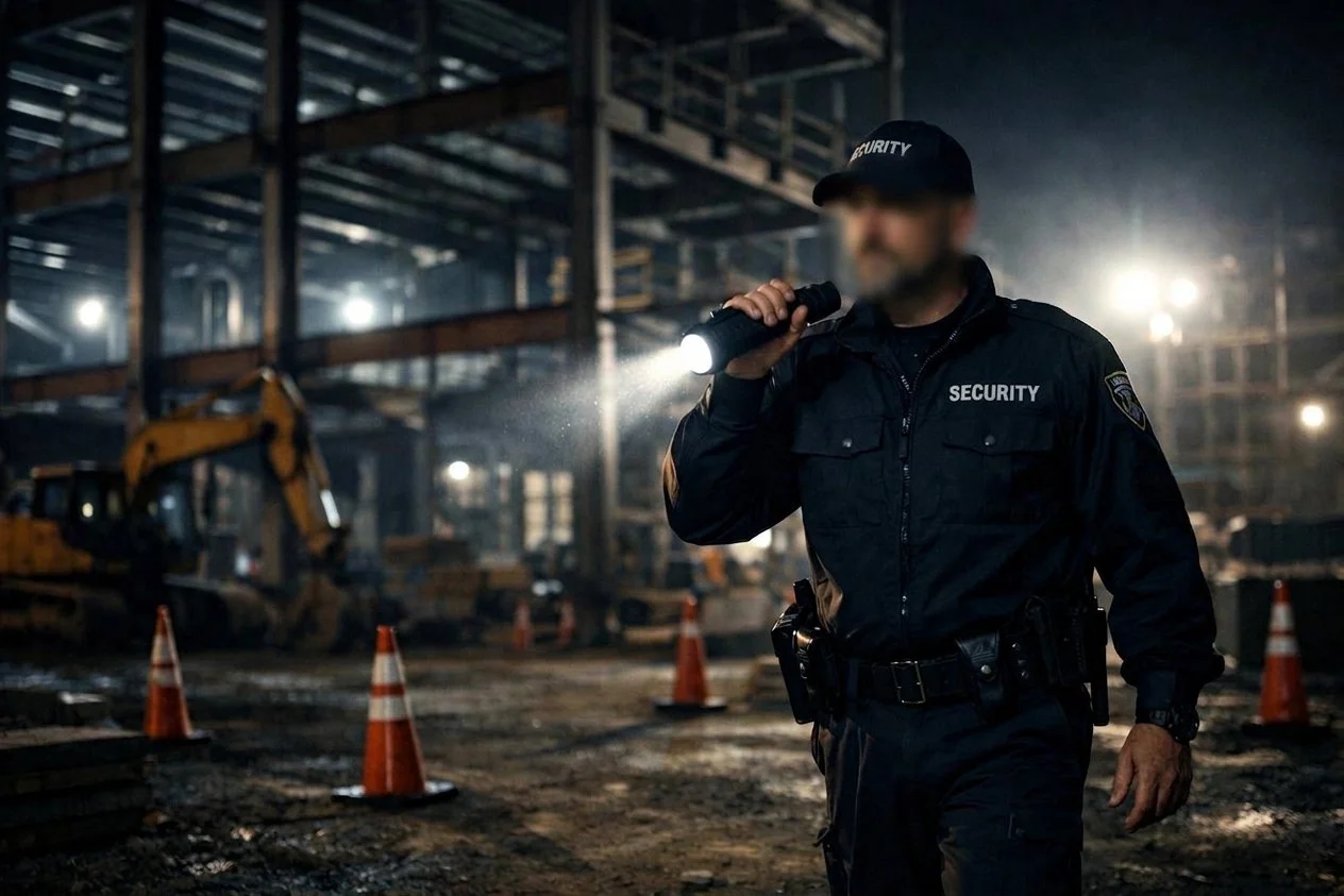 Security guard in uniform inspecting construction site at night with flashlight, construction cones, and machinery.