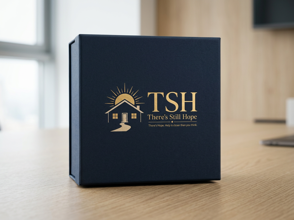 A dark blue box with gold lettering and graphics, displaying the logo and slogan of TSH, an organization associated with hope and assistance.