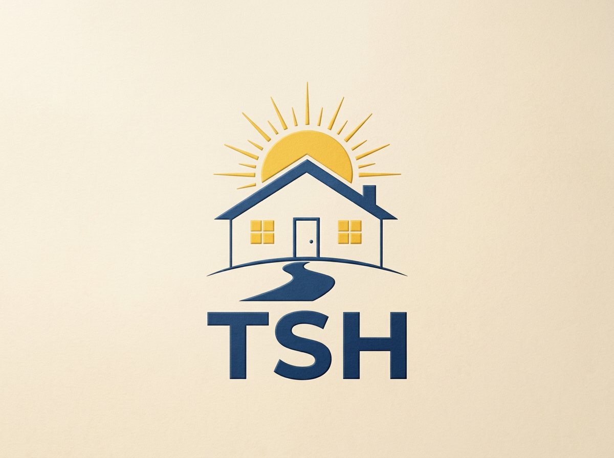 Logo of a house with a sun behind it, a path leading to the front door, and the letters "TSH" below.