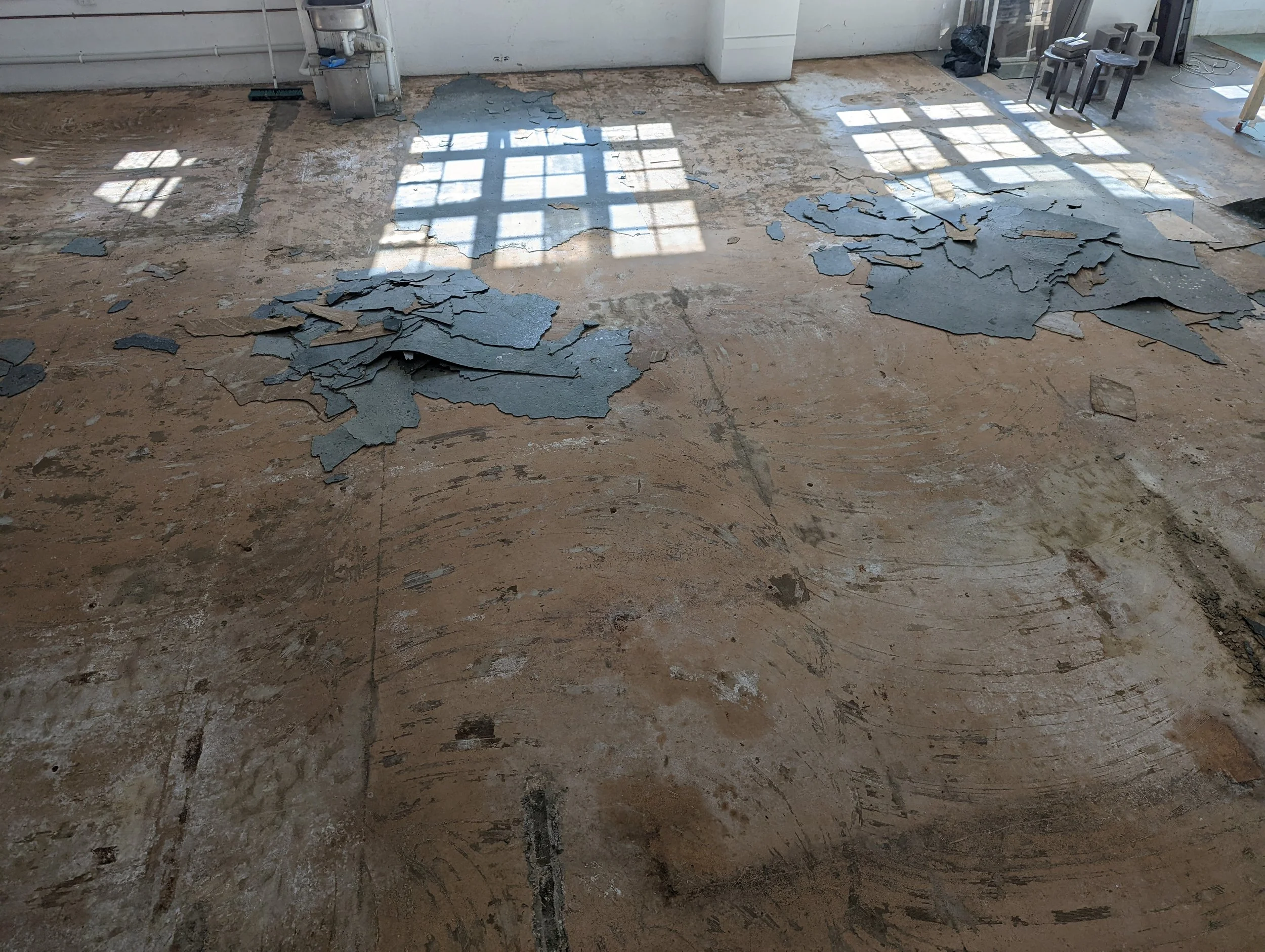 Floor with peeling paint or adhesive, with scattered pieces of debris and scratches, in a room with bright sunlight coming through windows and some chairs and equipment visible in the background.