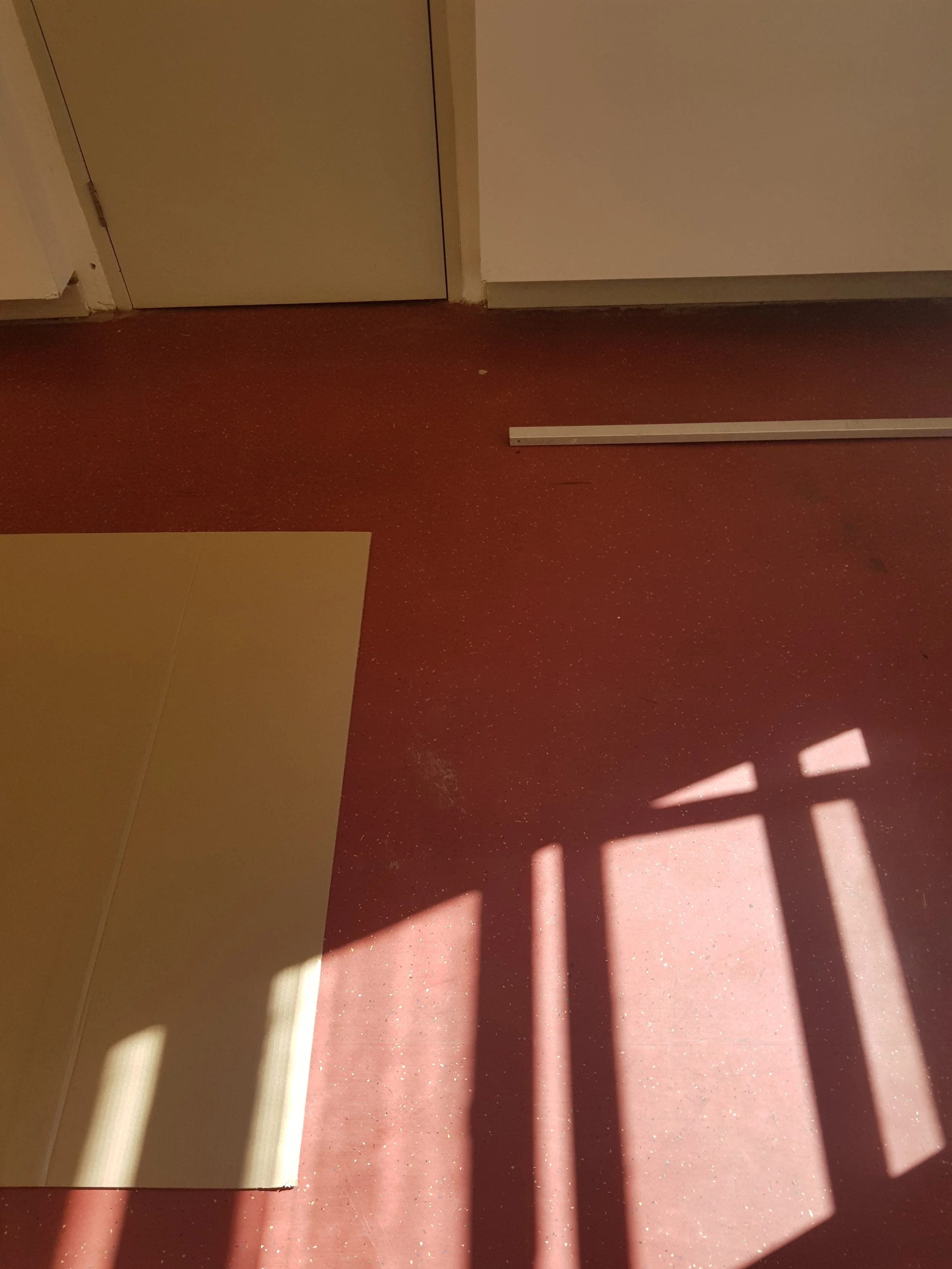 A red speckled linoleum floor with a beige section and a white wall. There is a closed beige door and some construction debris, including a piece of white trim on the floor, and shadows from a window or door creating a grid pattern on the floor.