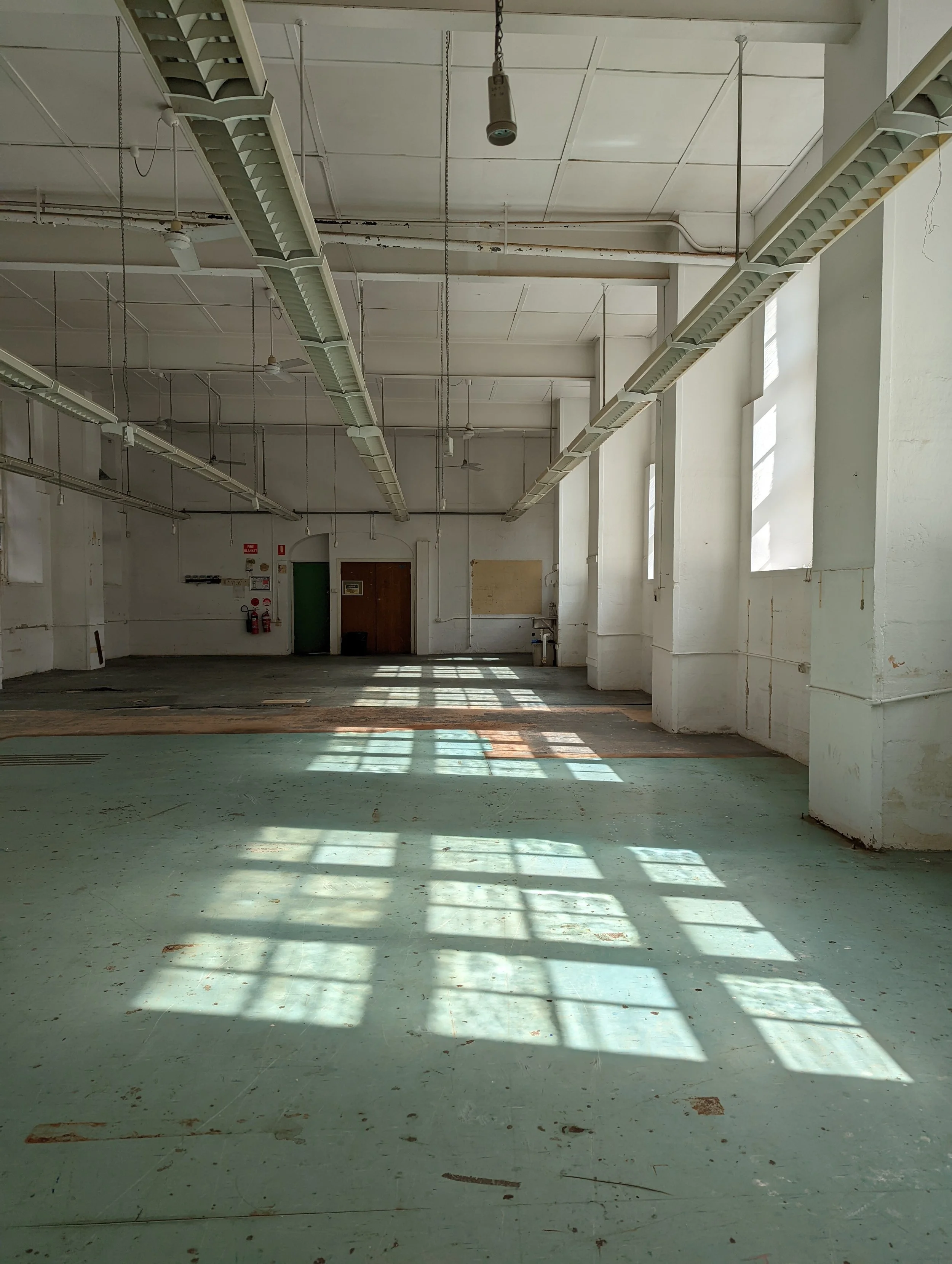 Empty, abandoned room with peeling paint on the walls, sunlight casting shadows through large windows, industrial ceiling with hanging light fixtures, and a concrete floor with scattered debris.