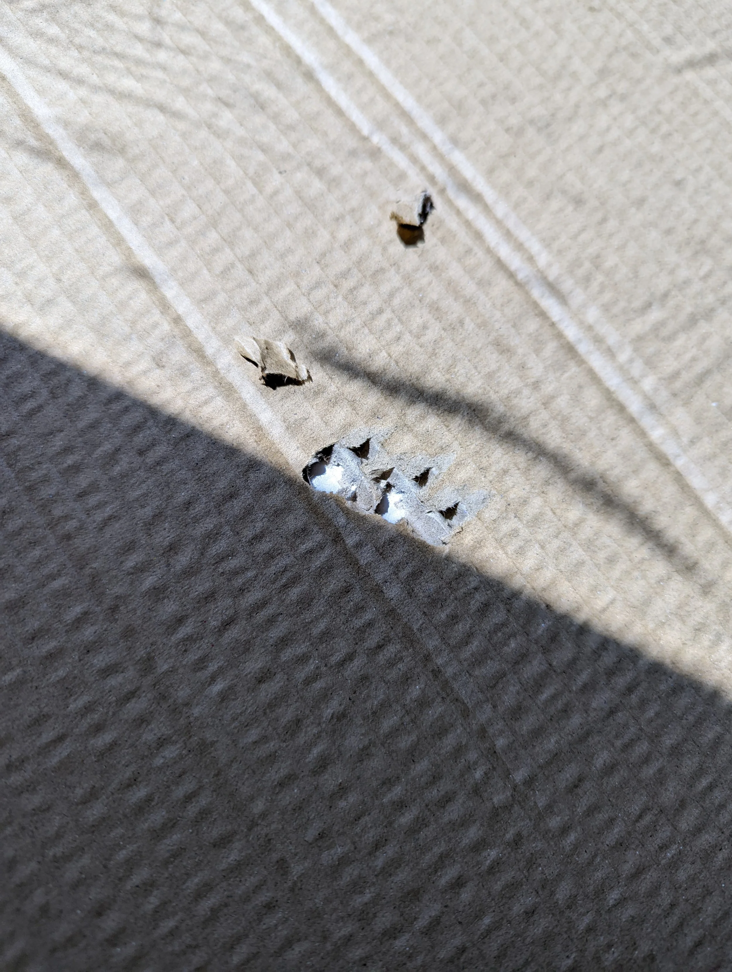A close-up photo of a cardboard surface with a small hole and punch marks in the cardboard.