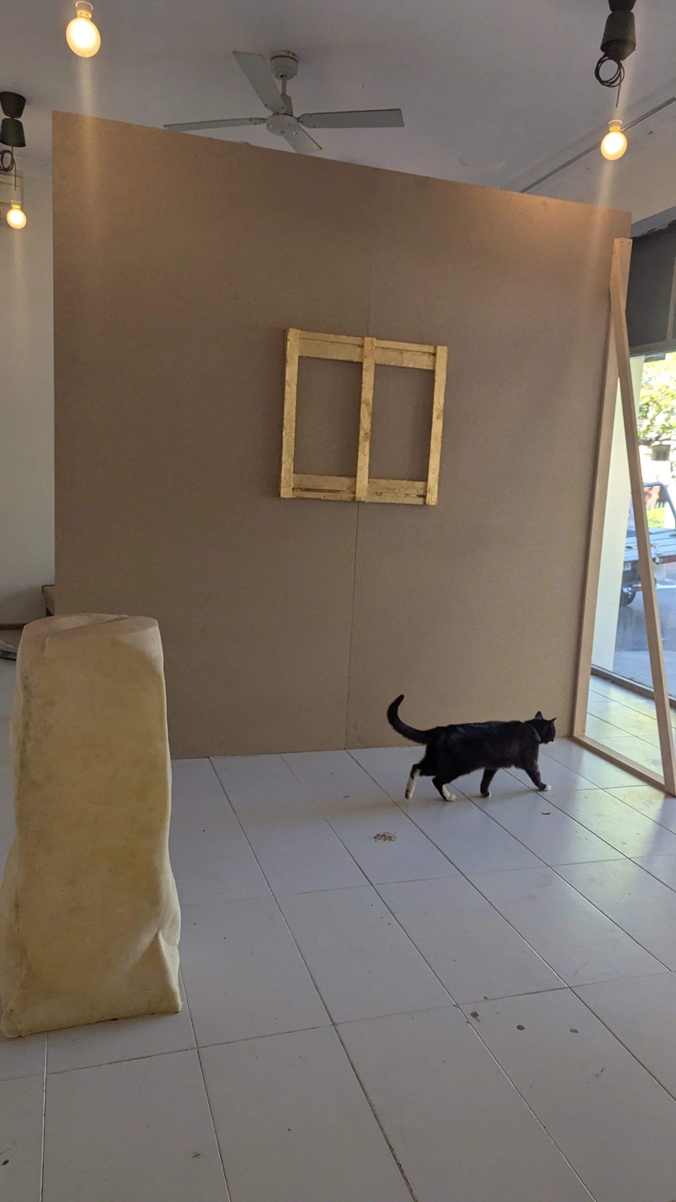 A black and white cat walking on a tiled floor in front of a beige wall. There is a wooden frame hanging on the wall and a partially visible beige chair on the left. The ceiling has a fan and hanging light bulbs, with natural light entering through a