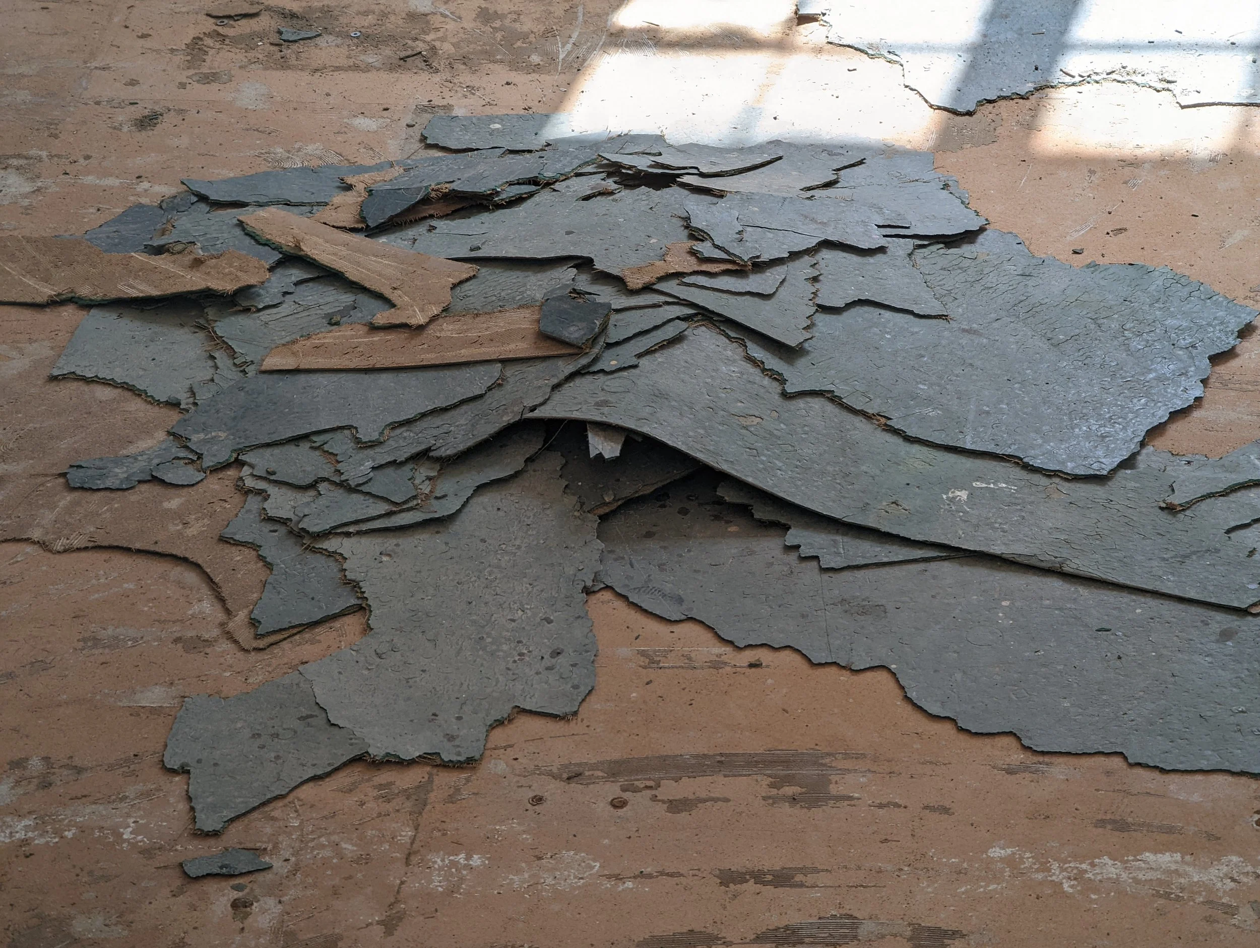 Broken slate roof shingles scattered on a dirt surface, with some debris and shadow.