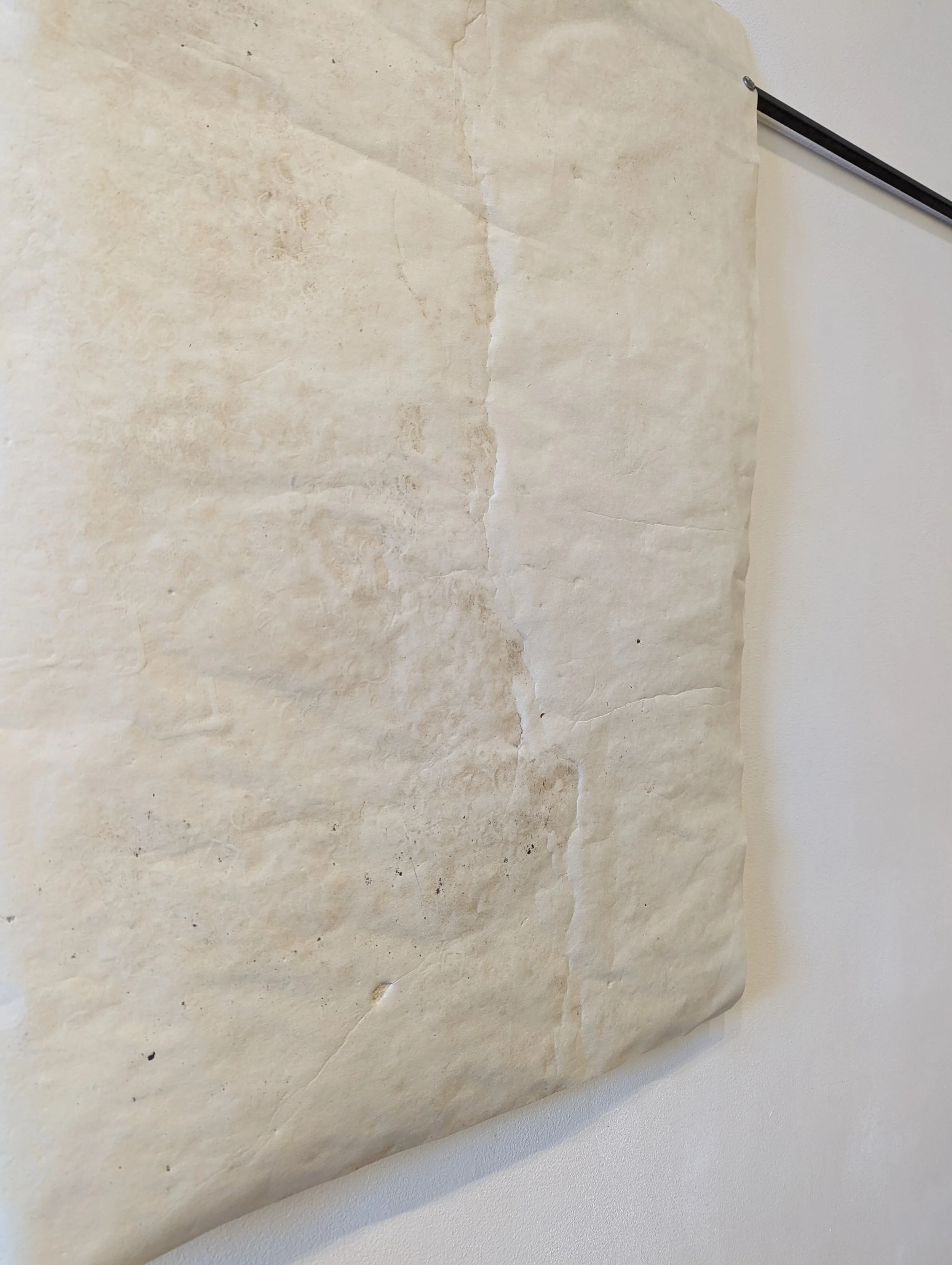 Close-up view of old, torn, beige wallpaper with a slightly textured surface mounted on a white wall.