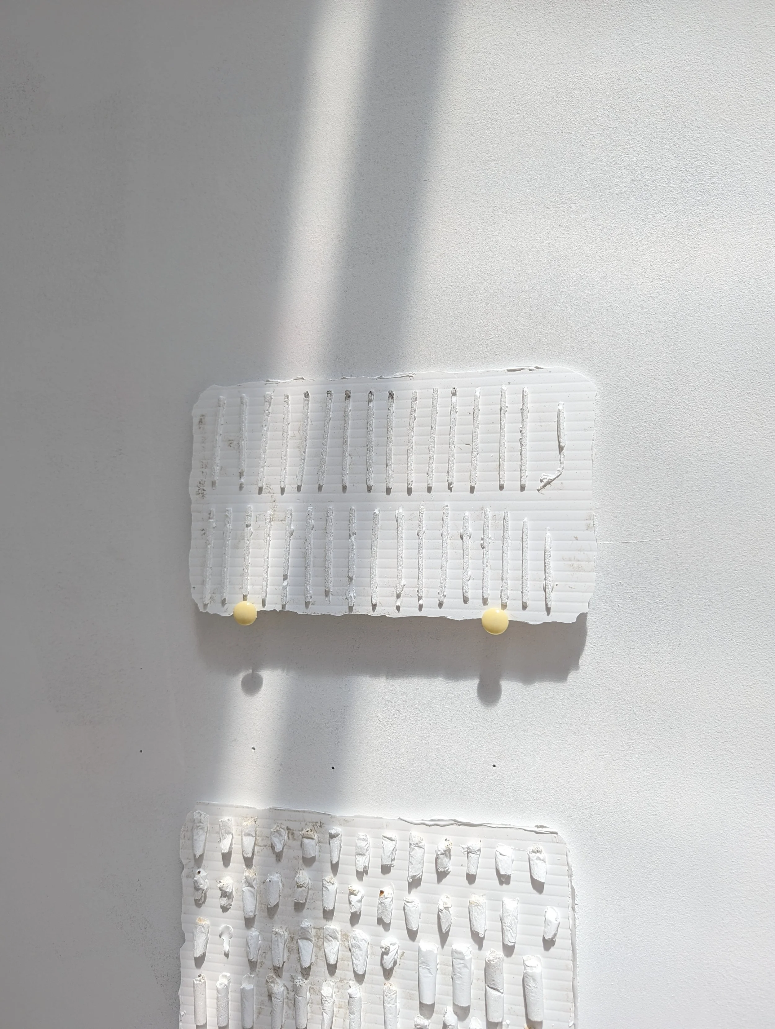 Two white plastic combs with thin, evenly spaced teeth on a white surface, with two yellow round objects at the bottom. Background features a gradient with shadows.