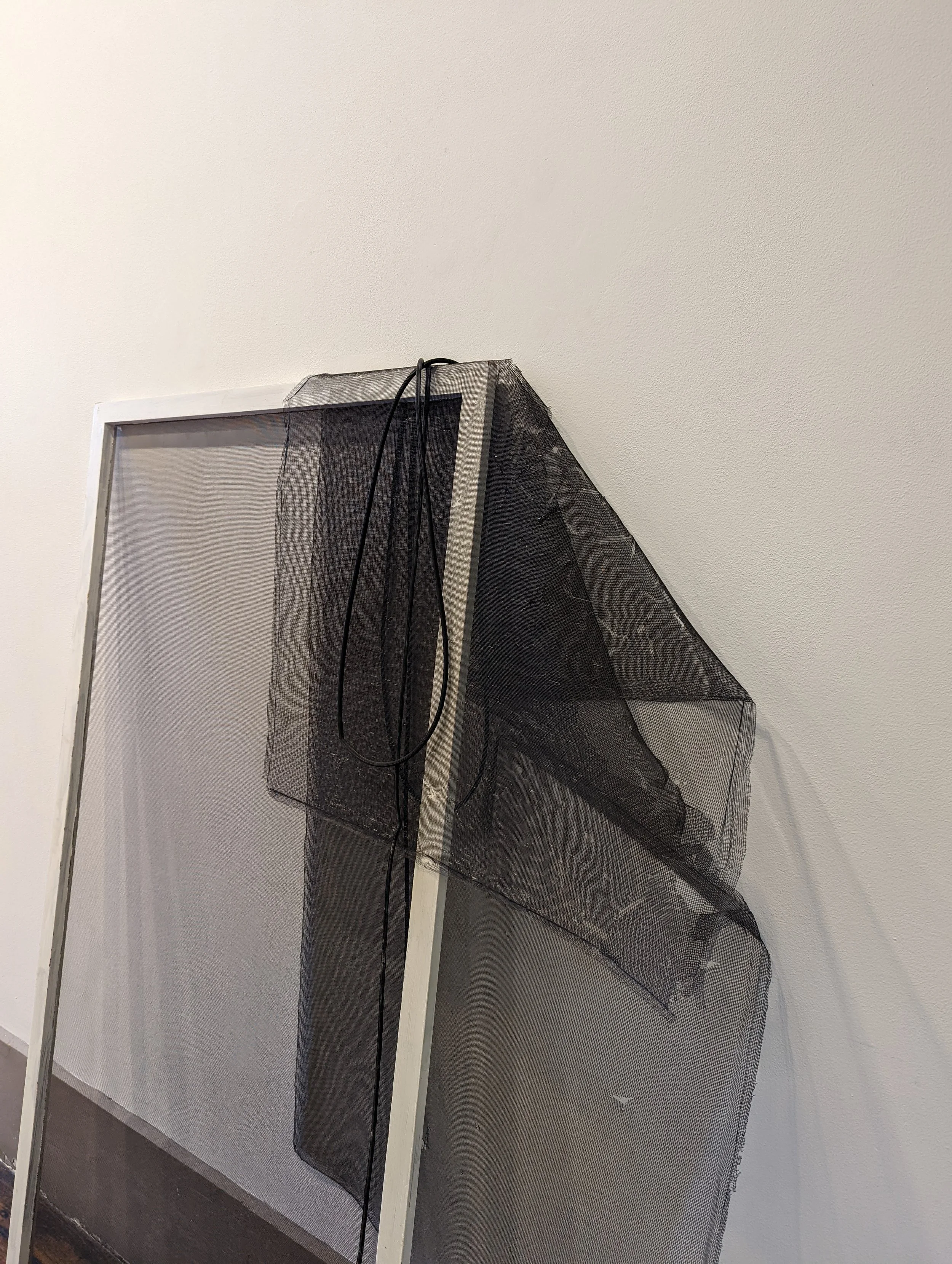 A black mesh insect screen leaning against a white wall.
