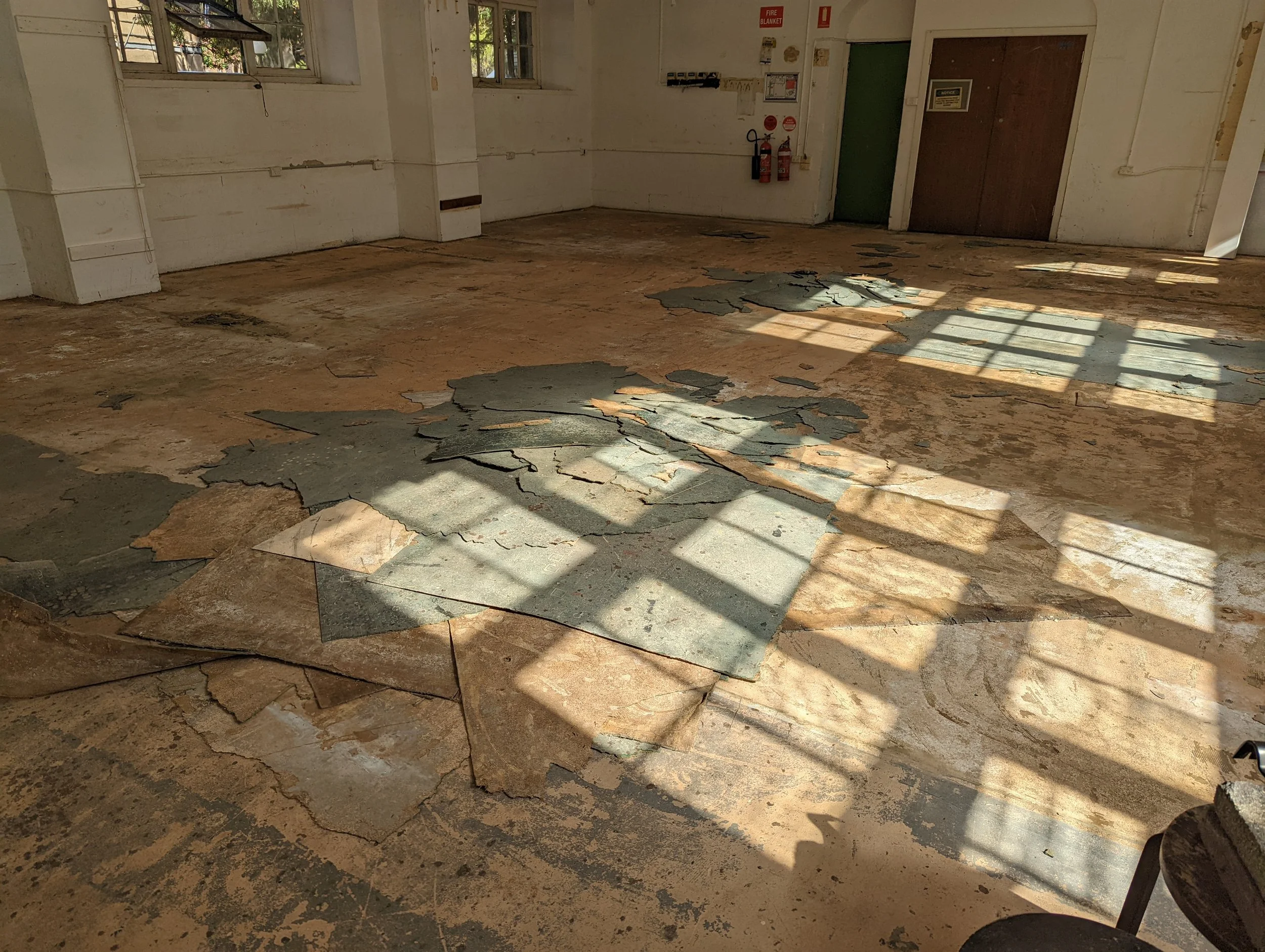 Room with peeling paint and damaged flooring, sunlight casting shadows; fire extinguisher and emergency signs on wall, closed doors, windows with visible outside greenery.