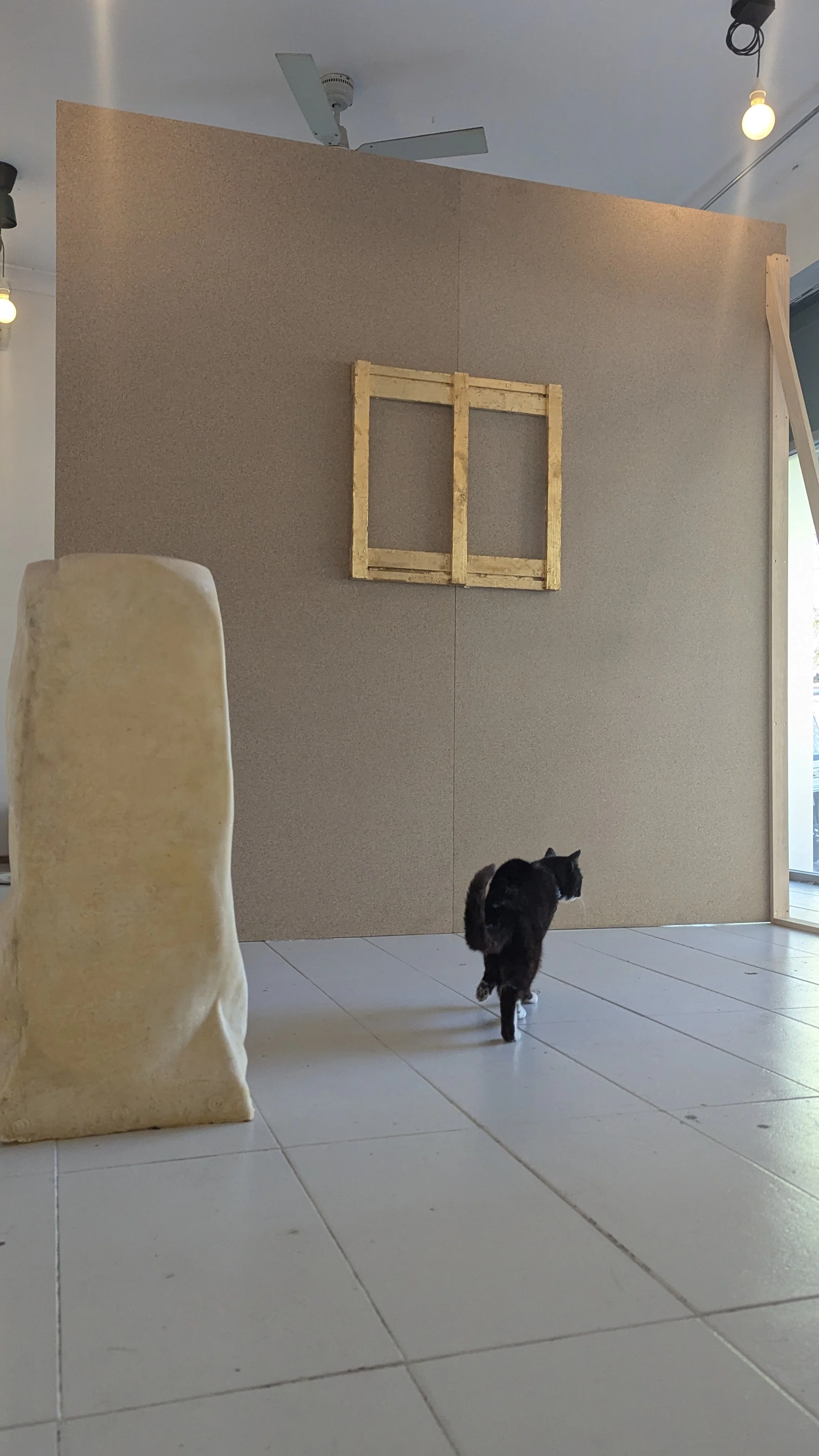 A black and white cat walking across a tiled floor in front of a beige partition with a wooden frame on it, in a room with ceiling fan and lights.