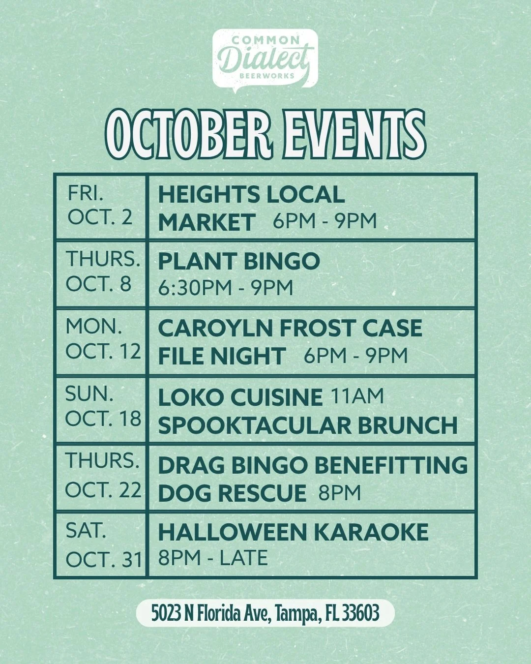 OCTOBER EVENTS &amp; WEEKLY HAPPENINGS!

Friday, October 2nd | 6pm - 9pm
@heightslocalmarket

Thursday, October 8th | 6:30pm - 9pm
Plant Bingo @low.keylush 

Monday, October 12th | 6pm - 9pm
Carolyn Frost Case File Night @withgoodco 

Sunday, October