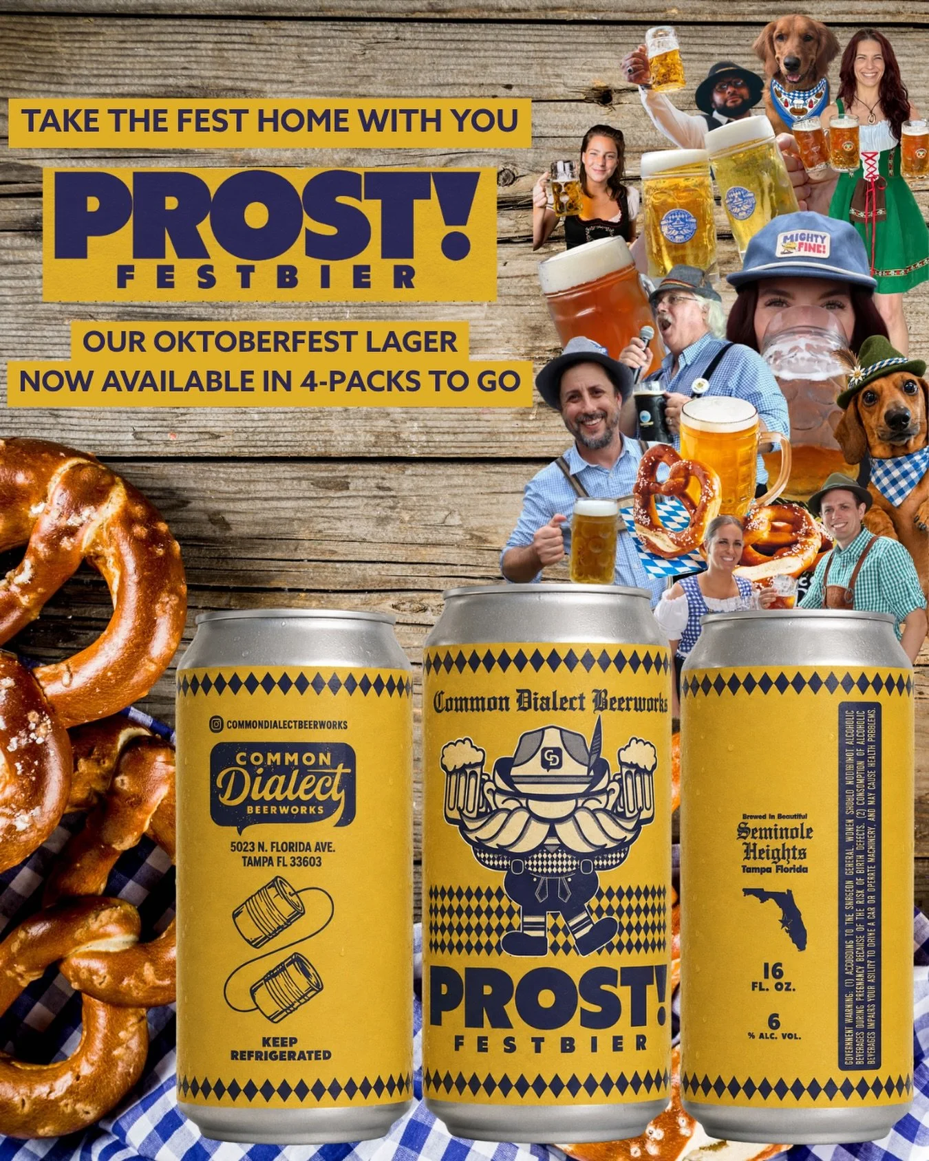 PROST! Take the fest home with you, our Festbier is available in 4-packs to go for the first time🍺 

This Oktoberfest lager is perfect for sippin' on a fall day - get it while you can! 

#commondialectbeerworks #tampabrewery #seminoleheights #oktobe