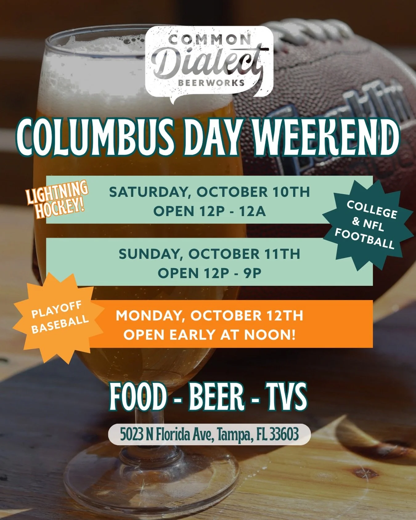 The long weekend is here! Come enjoy a beer, watch a game and hang with the crew 🍺

We're opening early at noon on Monday!

#commondialectbeerworks #tampabrewery #seminoleheights