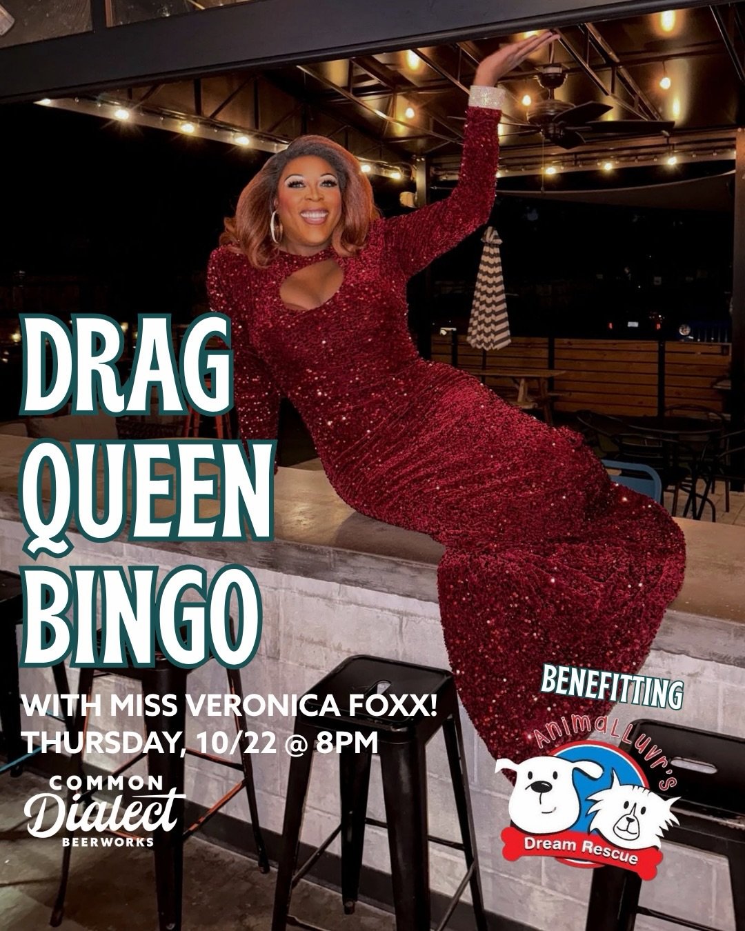 Drag Queen Bingo with @missveronicafoxx benefitting @animalluvrsdreamrescue is back at Common Dialect on Thursday, October 22nd at 8pm! 

&bull; $10 tickets at the door include entry + bingo cards
&bull; Food, beer, wine and n/a options available thr
