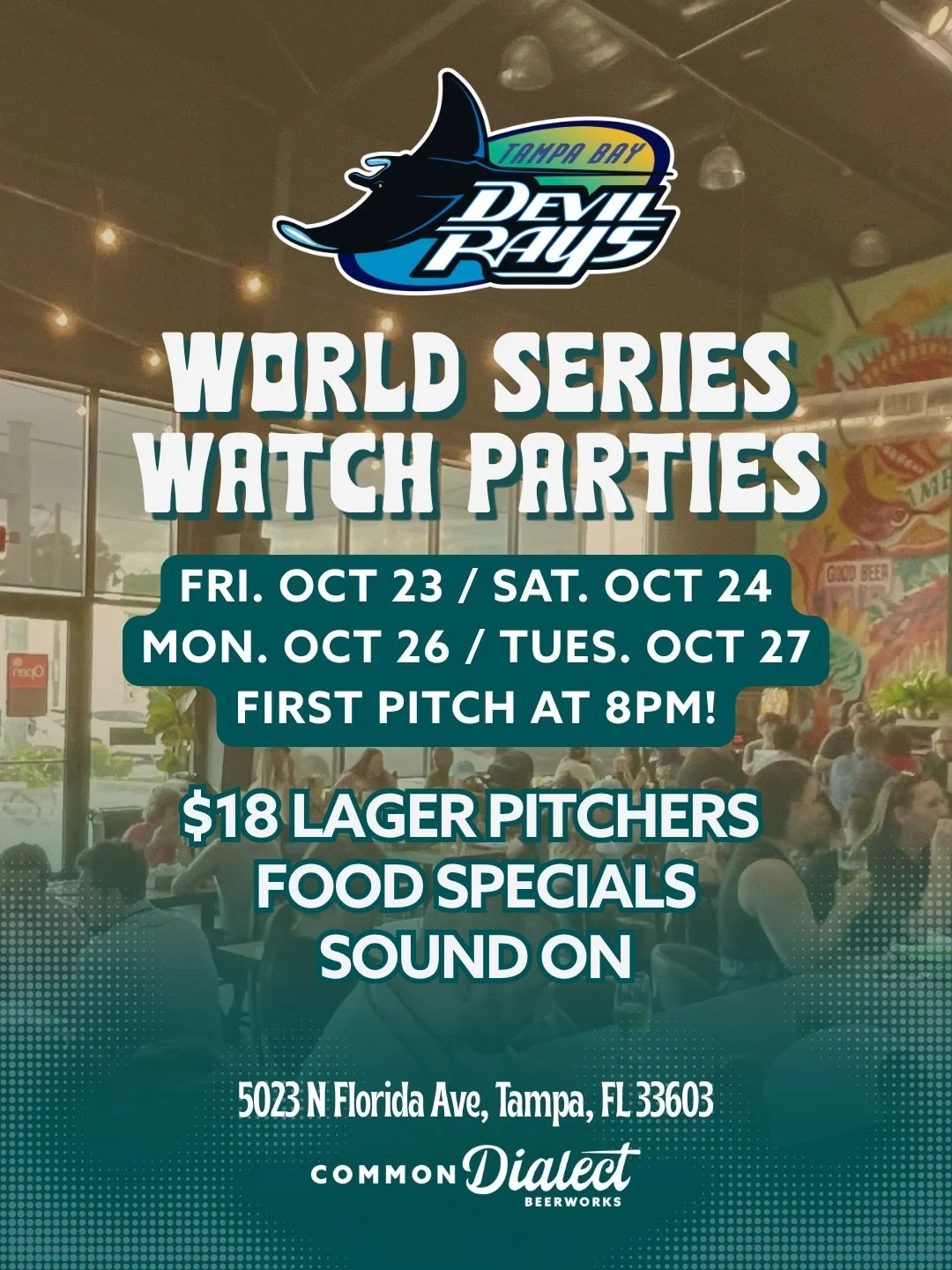 WORLD SERIES WATCH PARTIES AT COMMON DIALECT ⚾️ 

We're ready to cheer on @raysbaseball as they take on the Brewers!

&bull; Games on with sound 
&bull; $18 Lager Pitchers
&bull; 8 wings for $8.99 every game 

Round up your crew, snag a pitcher &amp;