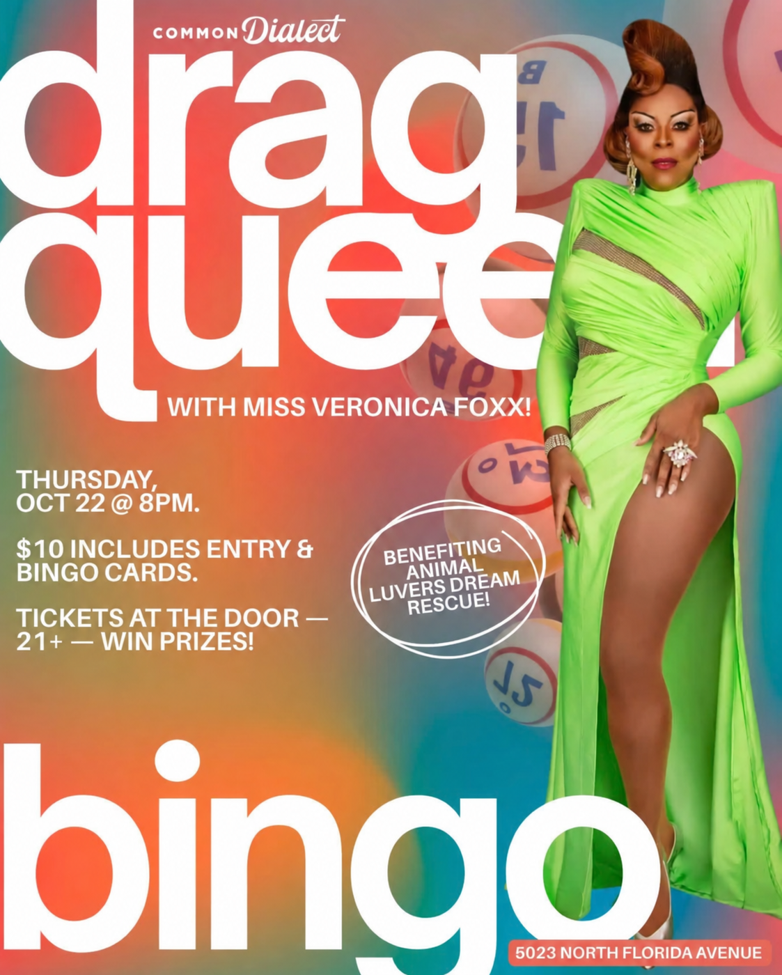 Event flyer for drag queen bingo hosted by Miss Veronica Foxx on October 22 at 8 PM, benefiting animal rescue. Miss Veronica Foxx hosts and proceeds go to Animal Luvrs Dream Rescue