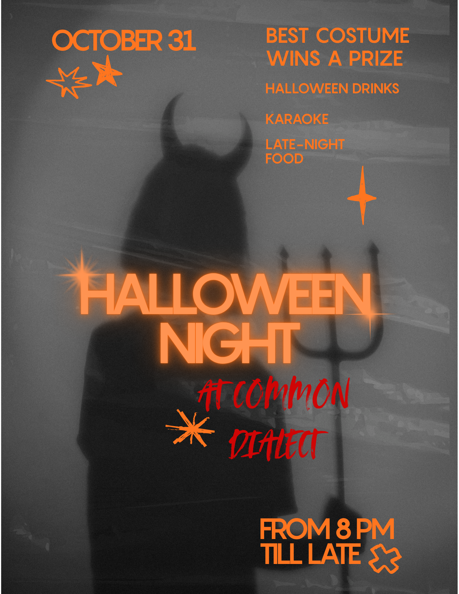 Halloween event poster with orange and red text on a dark background, featuring a silhouette of a figure with devil horns and a pitchfork, advertising a Halloween night event with activities like costume contest and karaoke, taking place from 8 PM till late on October 31.