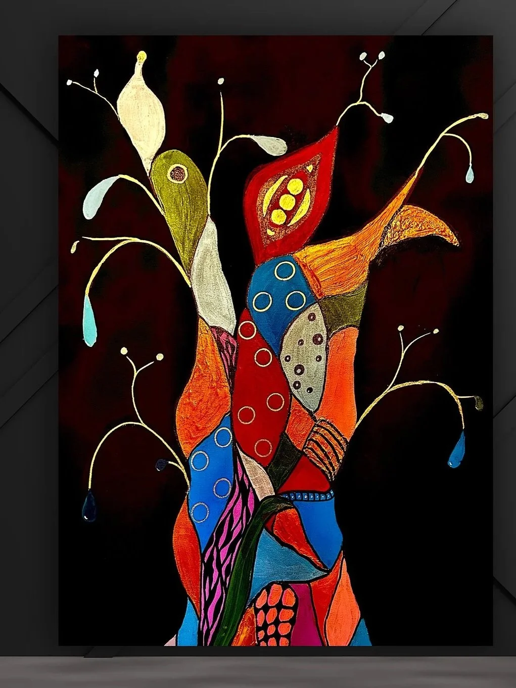 An abstract, colorful painting with various flower and leaf shapes on a black background.