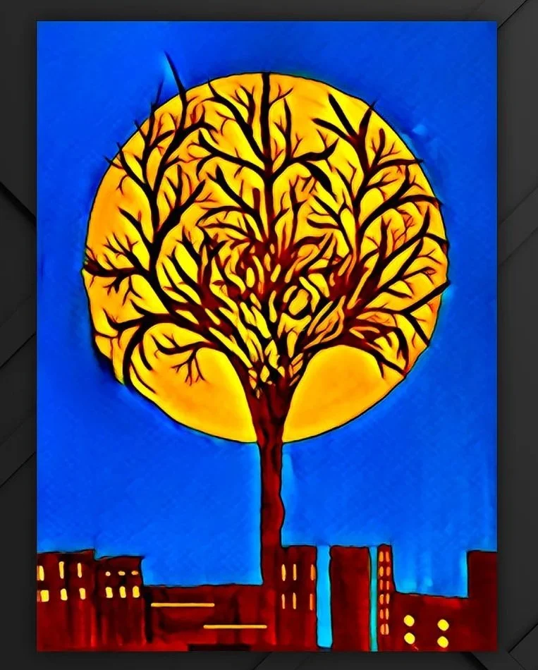 A stylized illustration of a tree with intricate branching, set against a large yellow moon with a blue sky background. Buildings are visible at the bottom of the image.