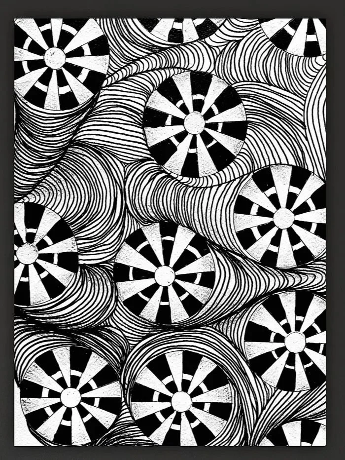Black and white abstract drawing of multiple darts and swirling lines.