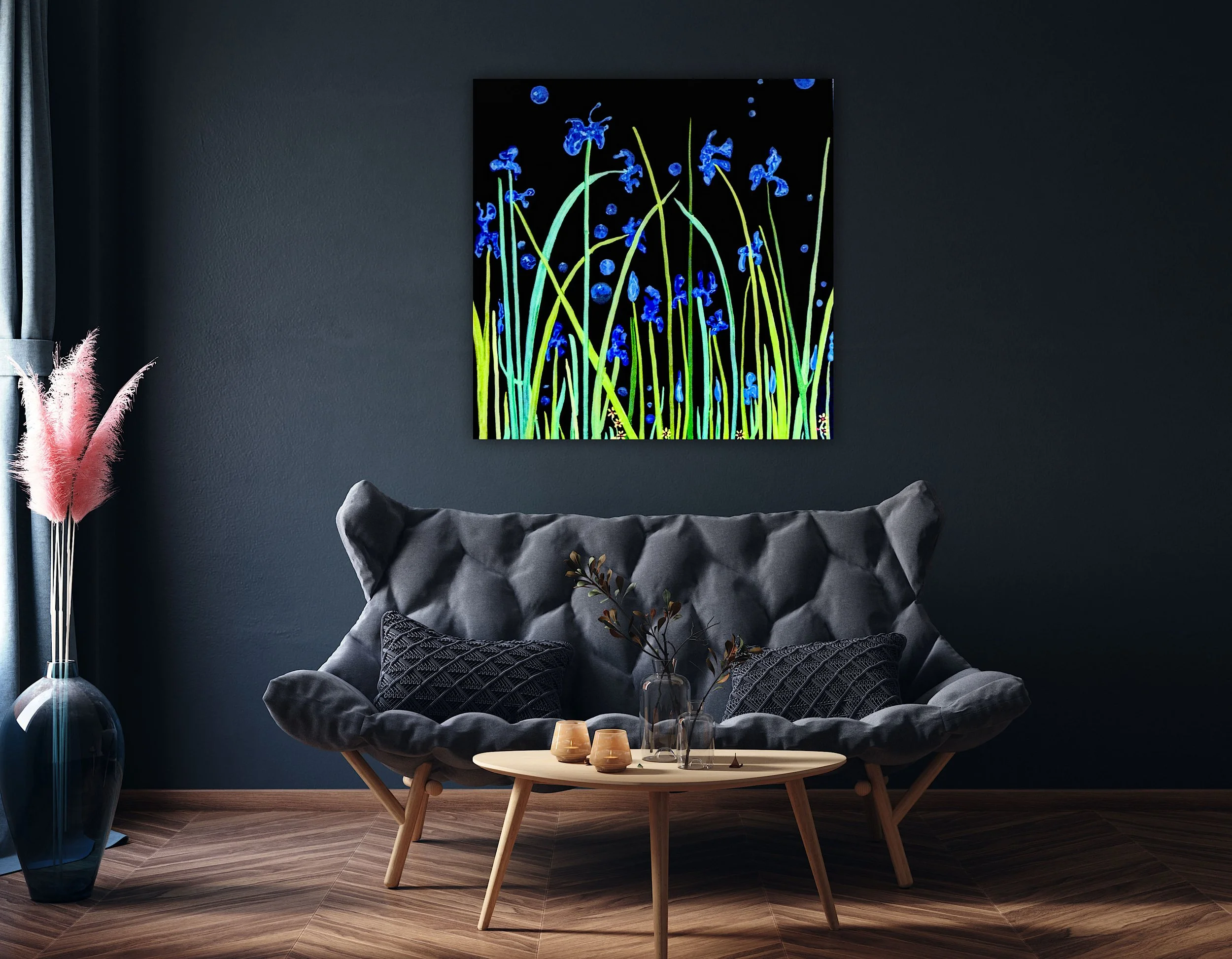 Living room with dark wall, framed floral artwork with blue and green colors, gray velvet sofa with pillows, wooden coffee table with candles, large blue vase with pink pampas grass, and curtains.