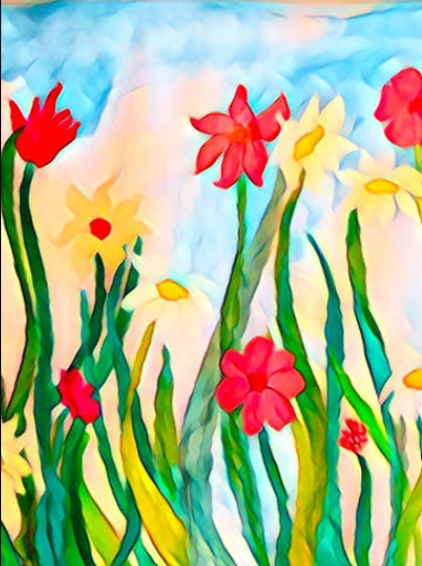 Colorful watercolor painting of various red, yellow, and white flowers with green stems against a blue sky background.