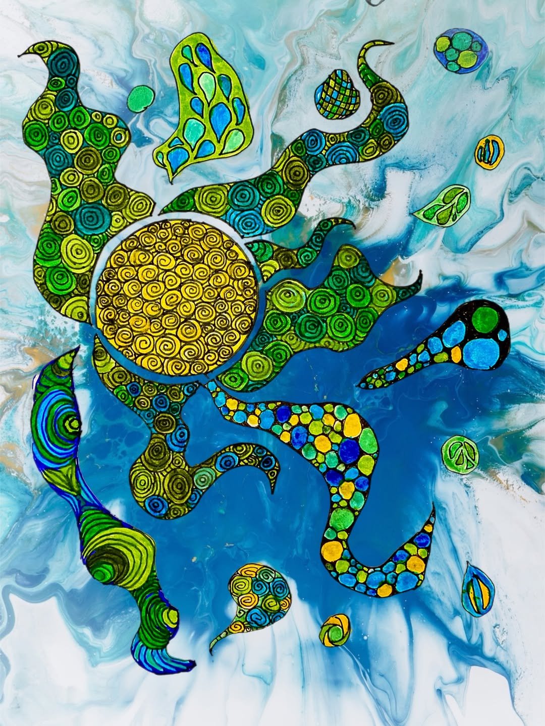 Abstract underwater scene with colorful swirling fish, seaweed, and a large yellow sun circle, with a blue and white marbled background.