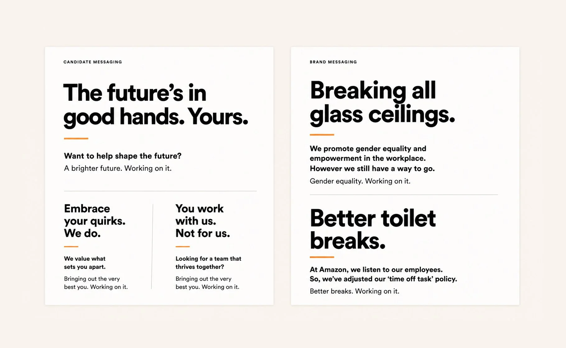 Two pages of text with headlines and smaller paragraphs, discussing themes like future, empowerment, gender equality, and workplace benefits. The layout is minimalistic with bold headings and orange accent lines.