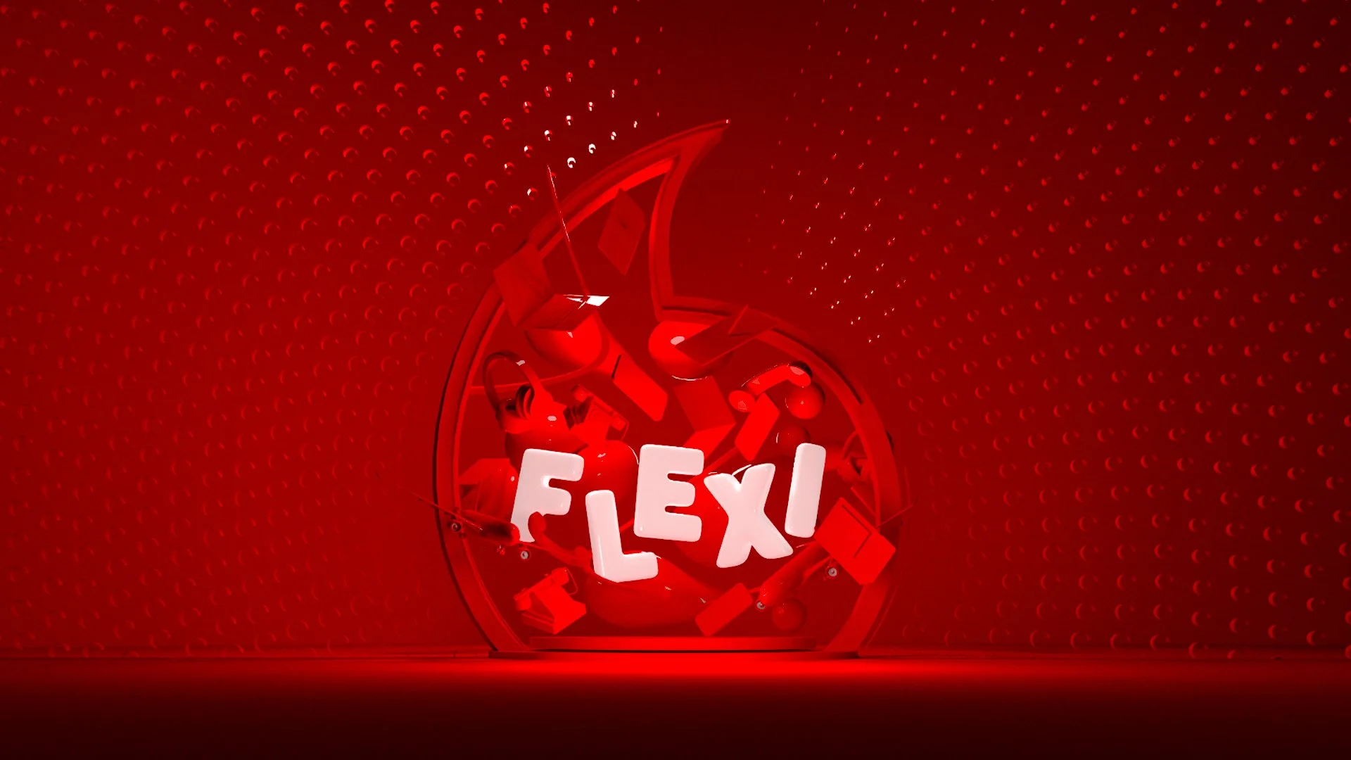Red digital graphic with the name "FLEX" in bold white letters, surrounded by various abstract shapes and patterns in red.