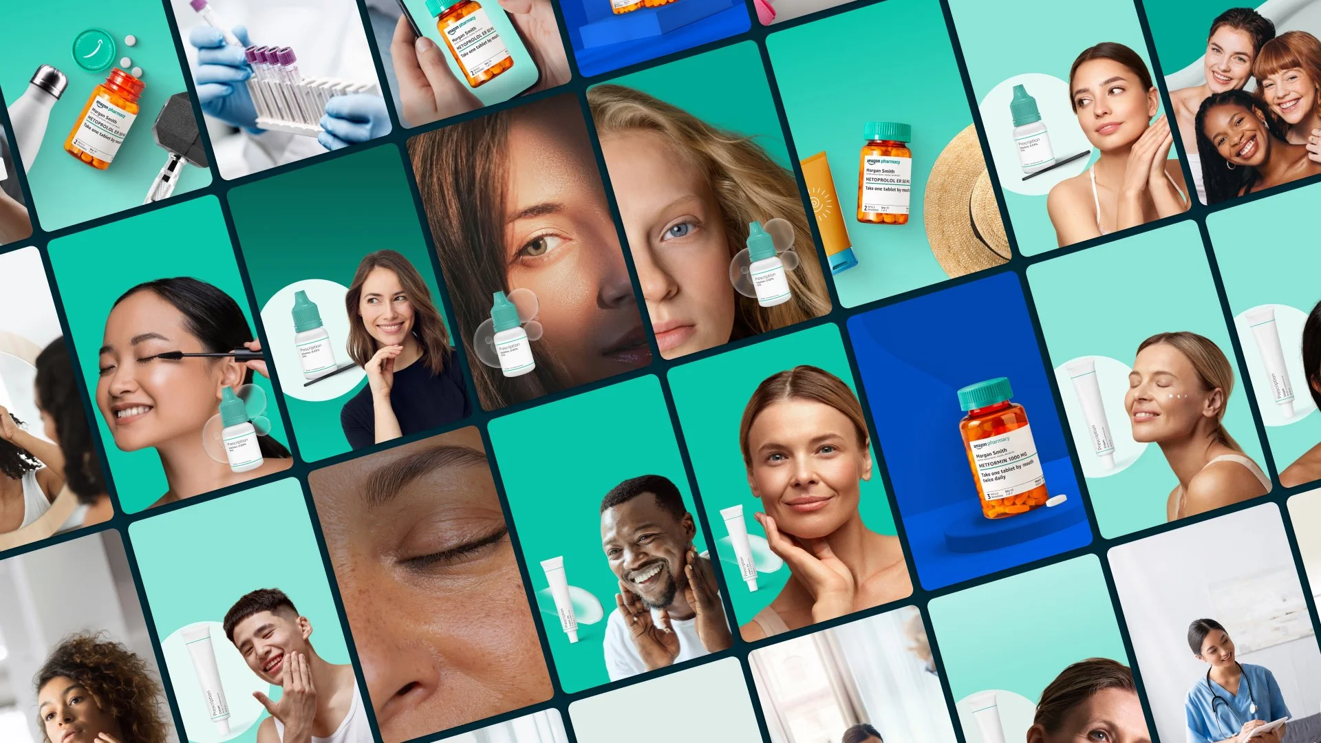 Collage of diverse people using skincare and health products, including medication bottles, eye drops, and skincare treatments.
