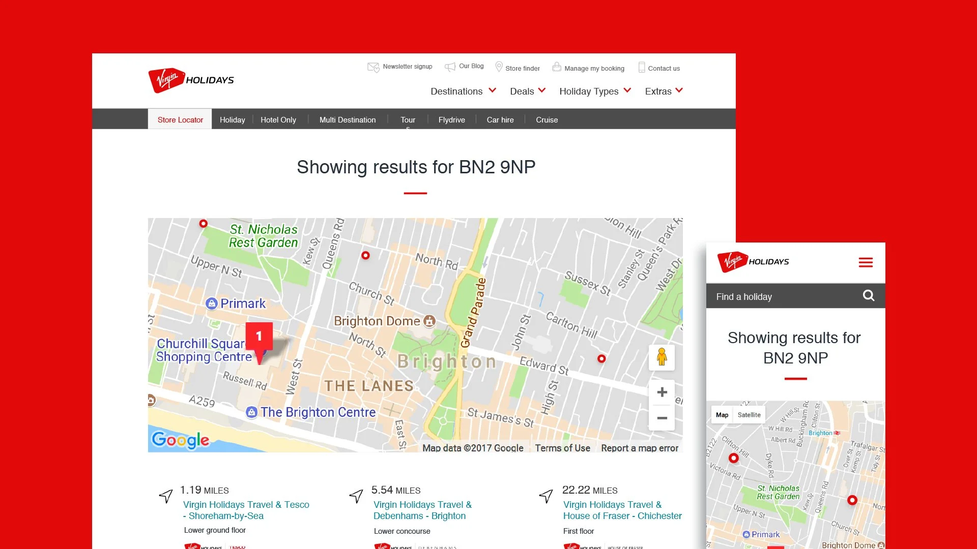 Screenshot of Virgin Holidays website showing search results for BN2 9NP in Brighton, UK. It displays a map with options to view different locations and a list of holiday packages with distances from the location.