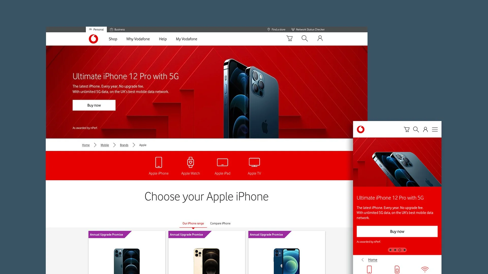 Screenshot of Vodafone website showcasing the latest iPhone 12 Pro with 5G, featuring a red background, an image of the iPhone, and navigation options at the top and bottom.