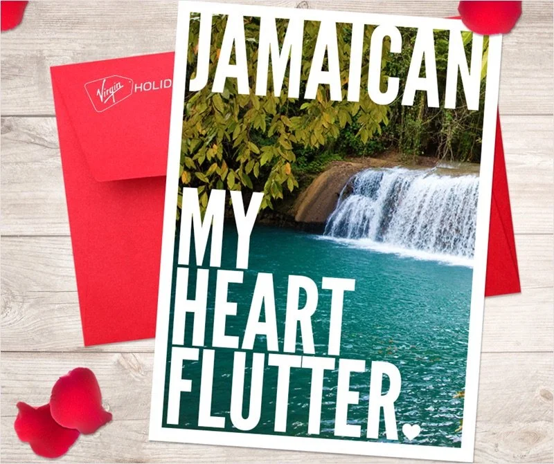 Greeting card with a waterfall and greenery, with the text "Jamaican my heart flutter" in large white font.