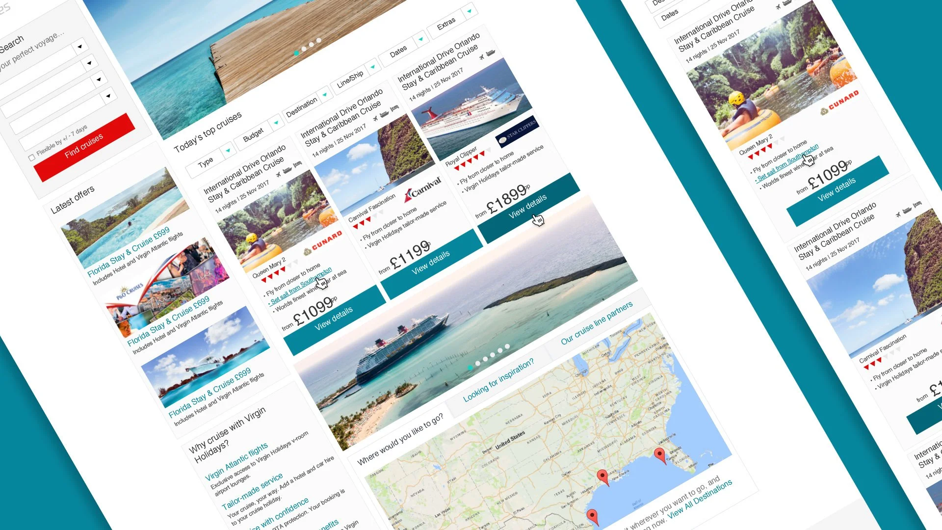 A computer screen displaying a travel booking website with cruise options, images of tropical destinations, a map of the United States, and photos of ships and beaches.