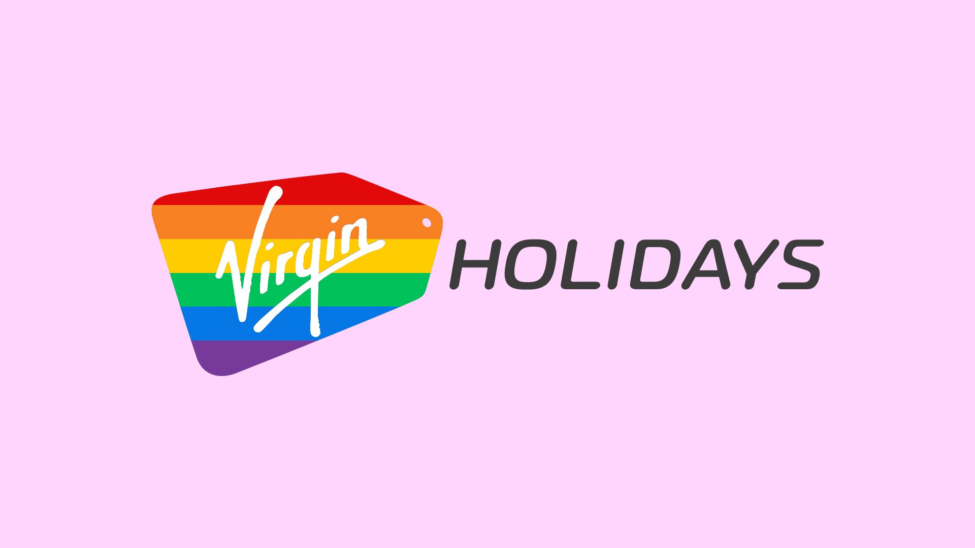 Logo for Virgin Holidays with rainbow colors in a diamond shape and the word Virgin in white cursive across it, followed by the word HOLIDAYS in black uppercase letters on a light purple background.