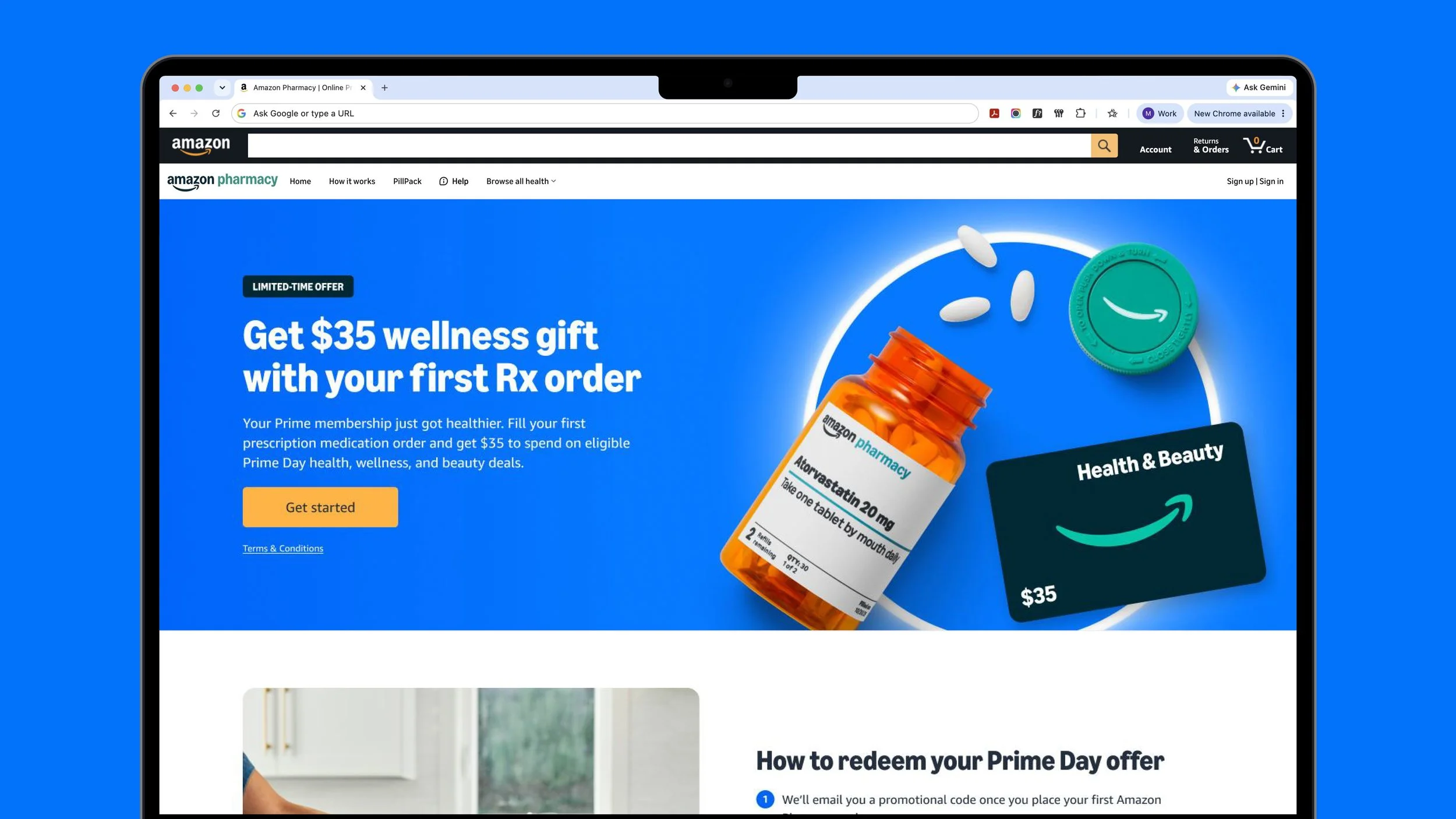 Screenshot of Amazon Pharmacy website advertising a $35 wellness gift with the first prescription order, showing a prescription medication bottle, a green Prime Day badge, and a credit card.
