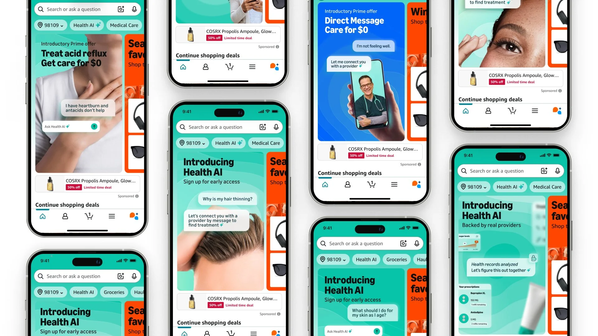 Multiple smartphone screens displaying a health app interface with features like health AI, medical care, and shopping deals, in a collage format.