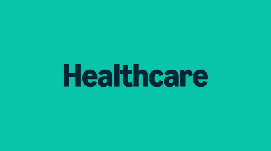 A teal background with the word Healthcare in bold, dark blue letters in the center.