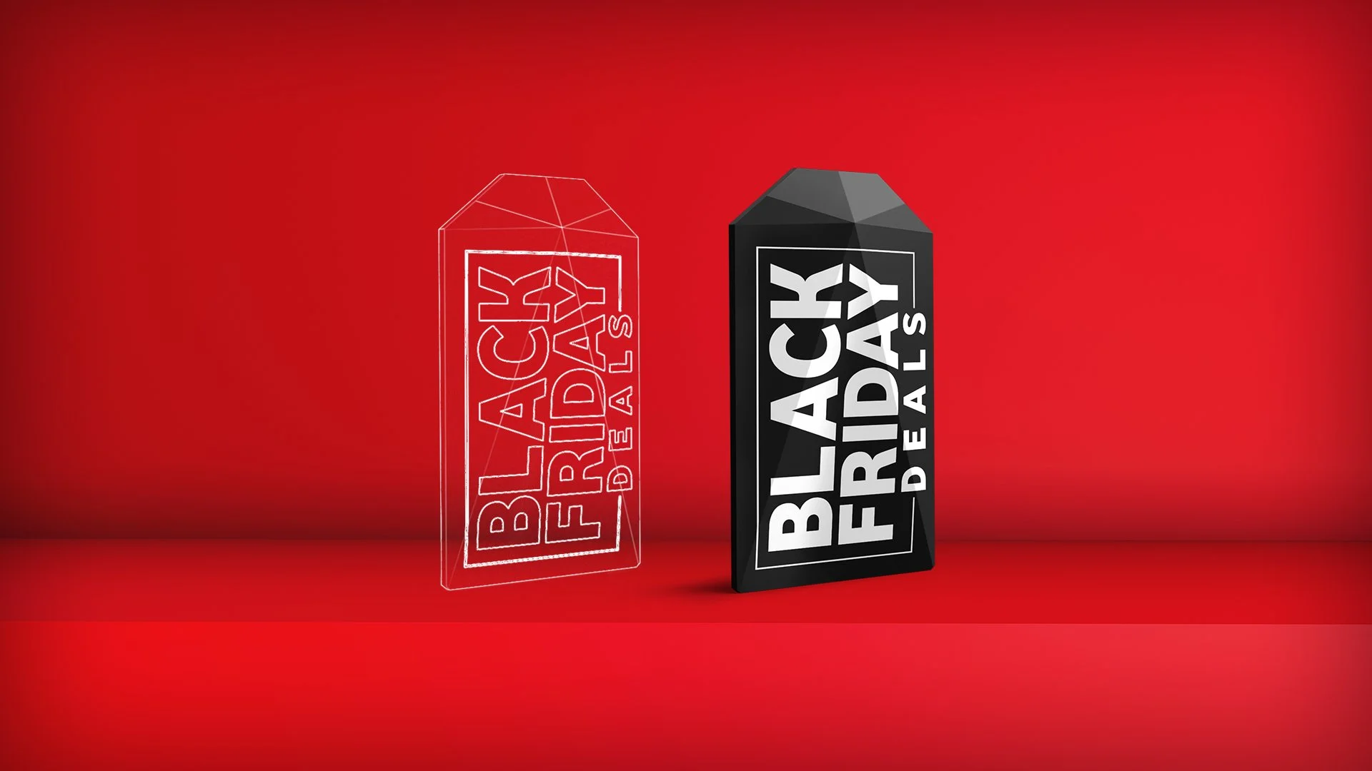 Two black rectangular blocks with a slanted top, featuring the words 'BLACK FRIDAY DEALS' in white text, one fully visible and one as a white outline, placed on a red background.