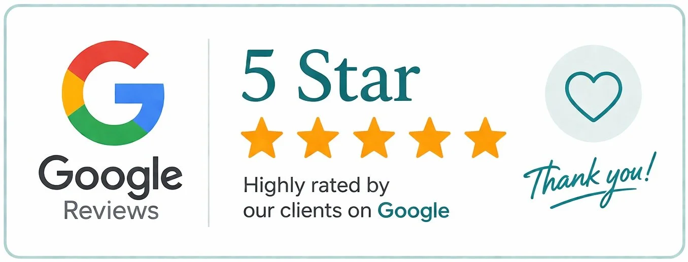 Google Reviews badge showing a 5-star rating, expressing high satisfaction from clients, with a thank you message.