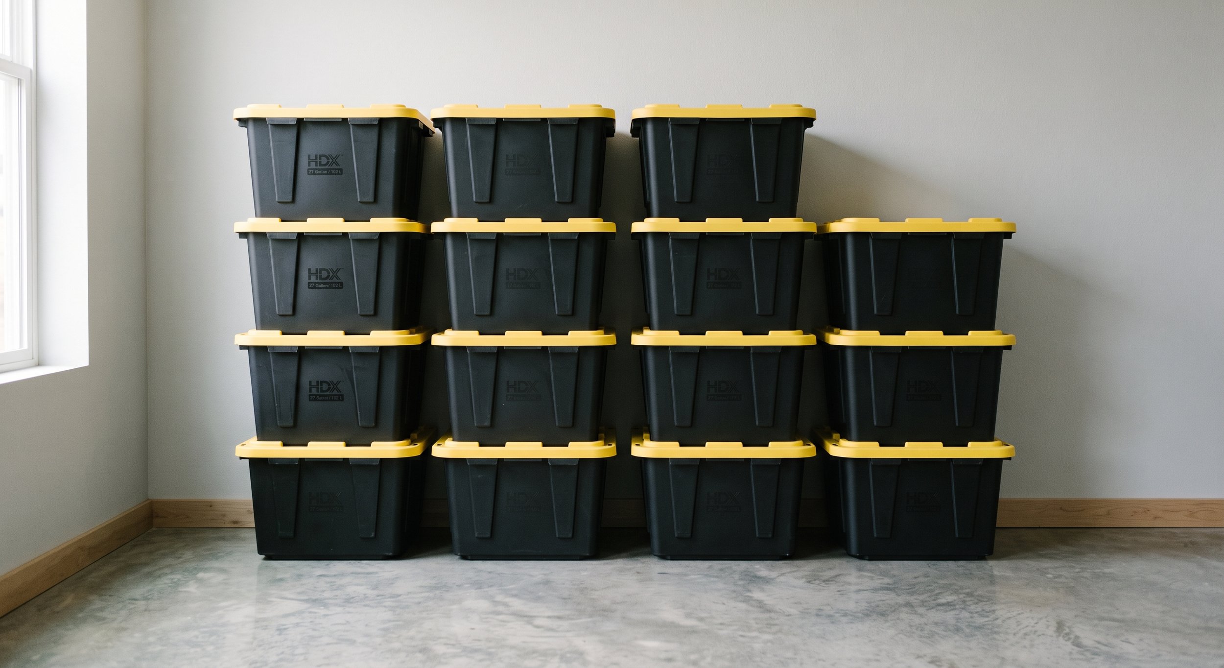 A stack of black plastic storage bins with yellow lids placed against a white wall in a room with a window to the left and a wooden baseboard.