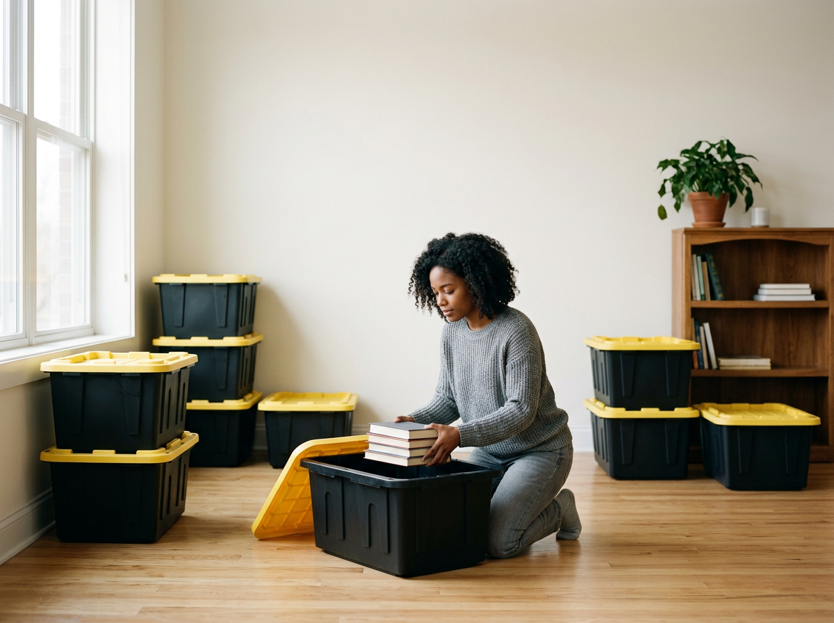 A woman kneeling on the floor placing books into a black storage bin with a yellow lid in a well-lit room with a wooden floor, large windows, and a wooden bookshelf with a potted plant on top.