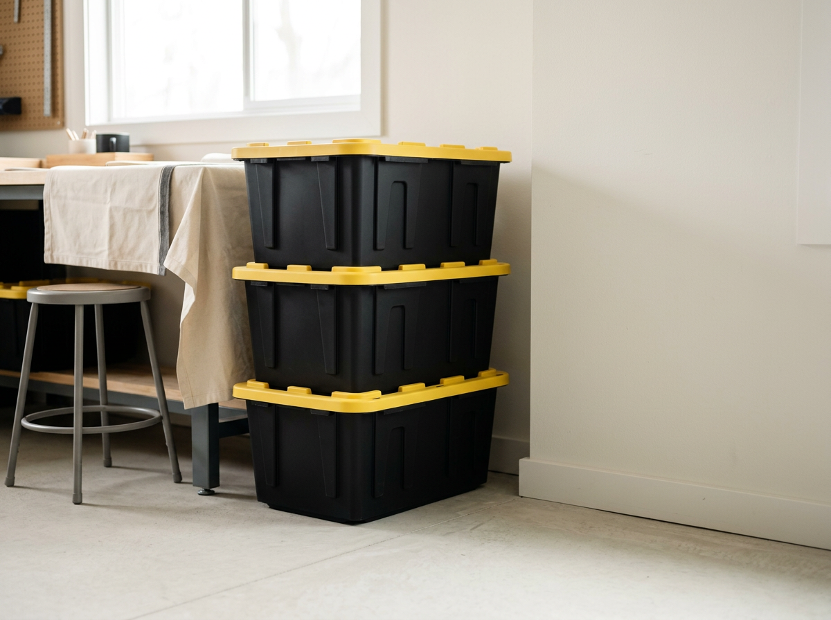 Three black storage bins with yellow lids stacked in a corner of a room near a window.